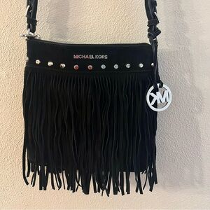 Michael Kors Black Fringe Suede Crossbody Bag with Silver Accents